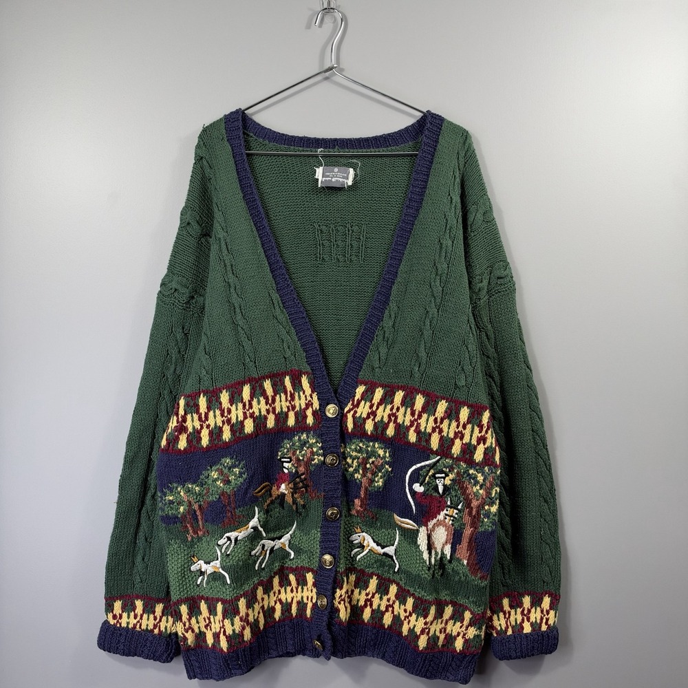 Vintage Marisa Christina II Sweater Womens 2X Green Horse Dog Cardigan Knit